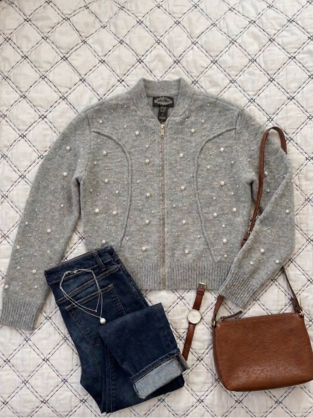 Embellished Grey Zip-Front Cardigan